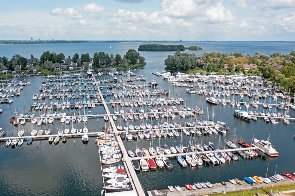 Aerial view of the marina of Naarden on the Gooimer, one of the dutch border lakes