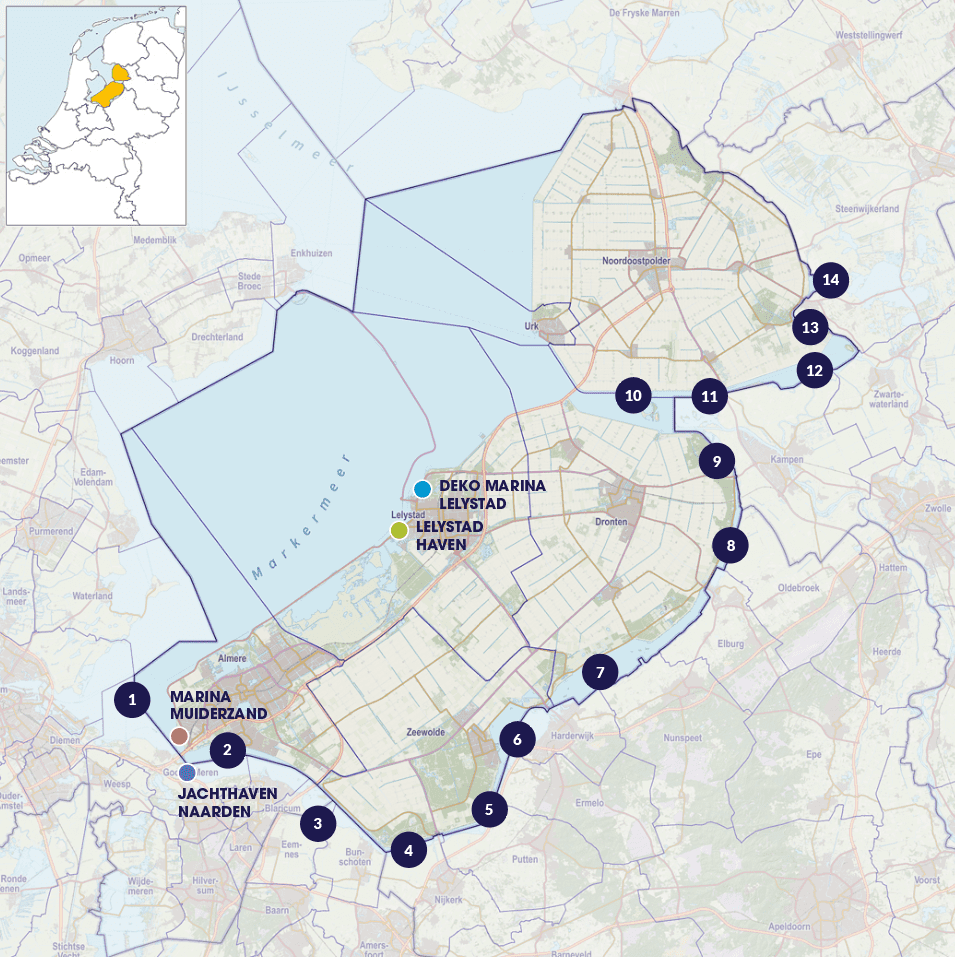 Map of the border lakes, or Randmeren, in the Netherlands