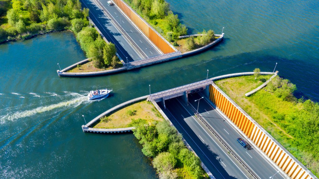 Veluwe aquaduct above Lake Veluwemeer in Harderwijk, Netherlands