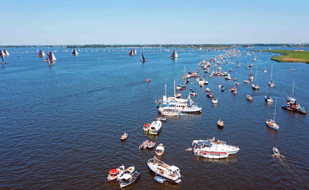 Aerial view of Skûtsjesilen, regatta on the Sneekermeer in Friesland, Netherlands