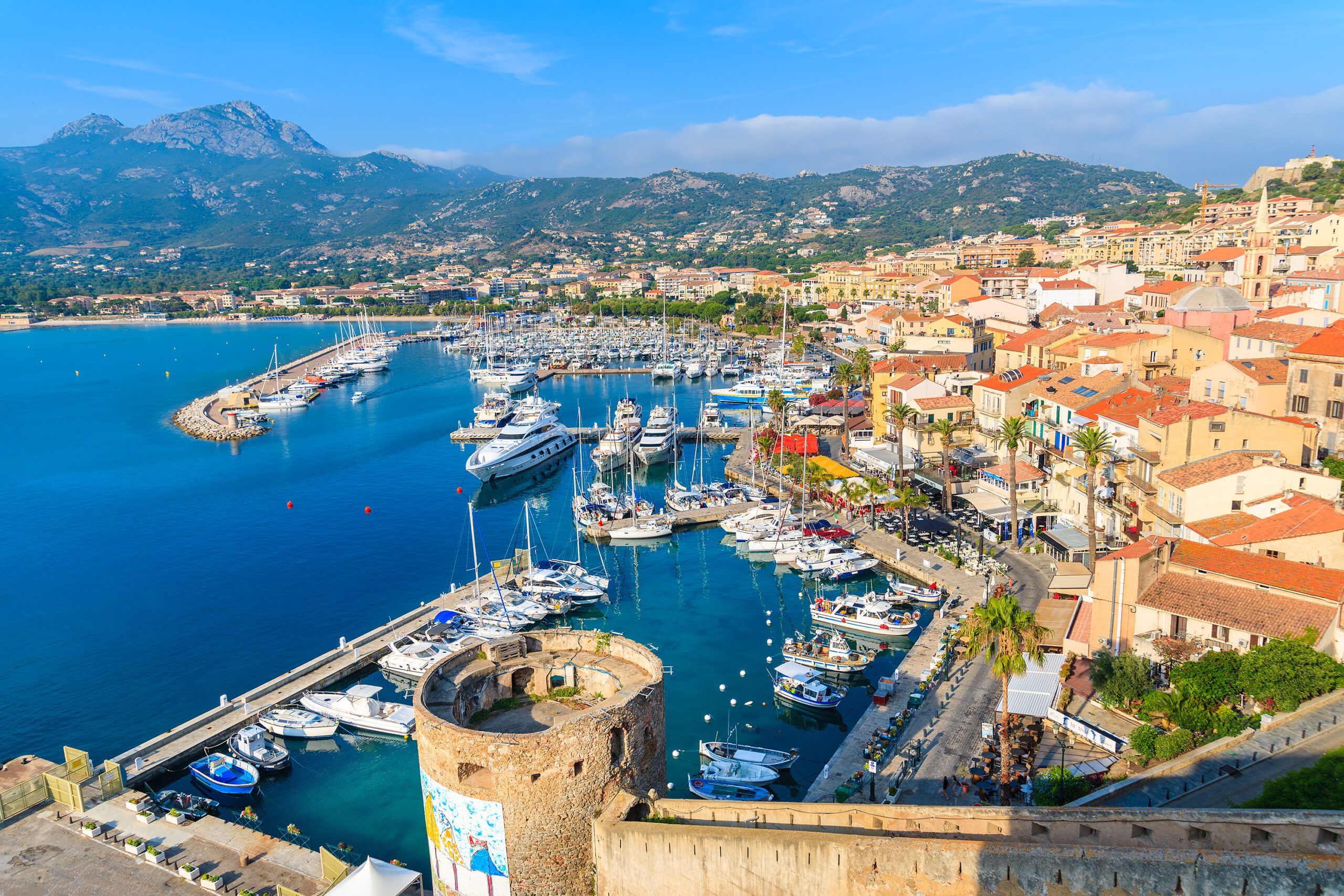 Vue sur le port de Calvi en Corse et ses maisons colorées
